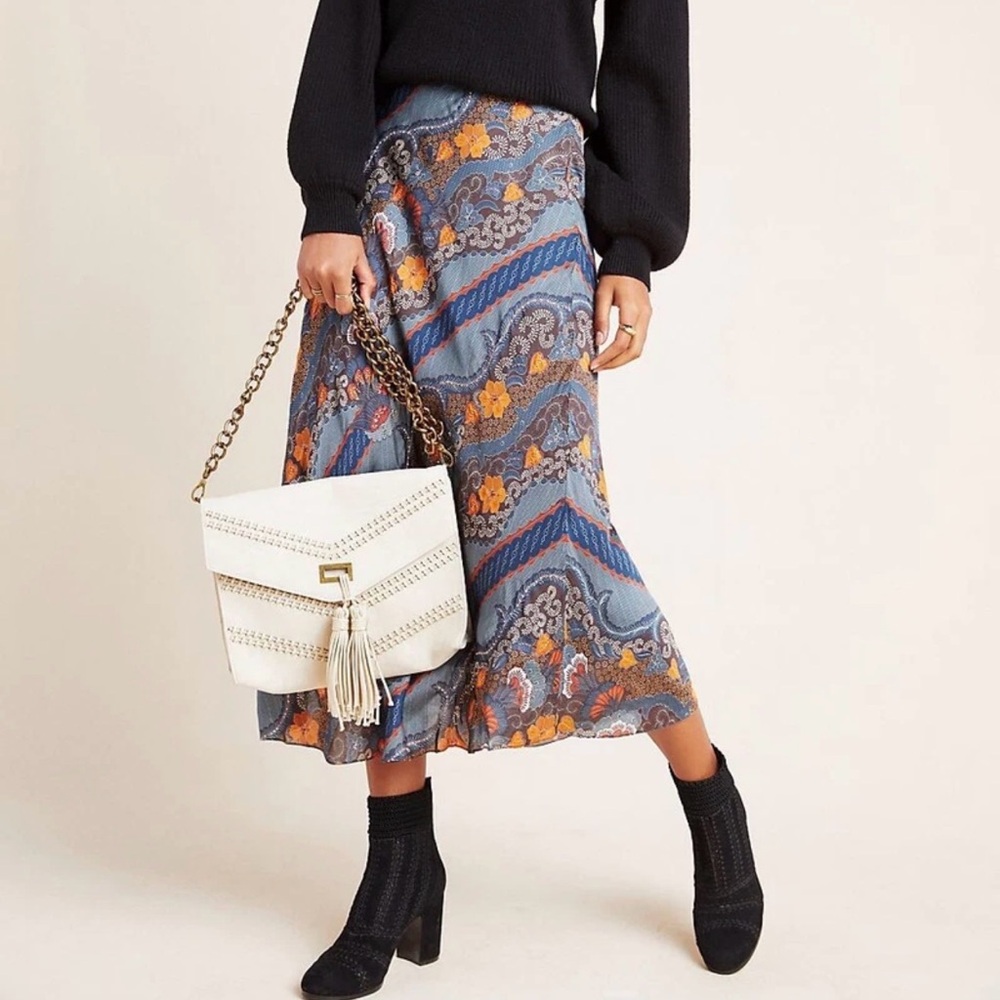 Anthropologie Tanvi Kedia Sandrine Bias Midi Skirt Size‎ 0 Blue Orange